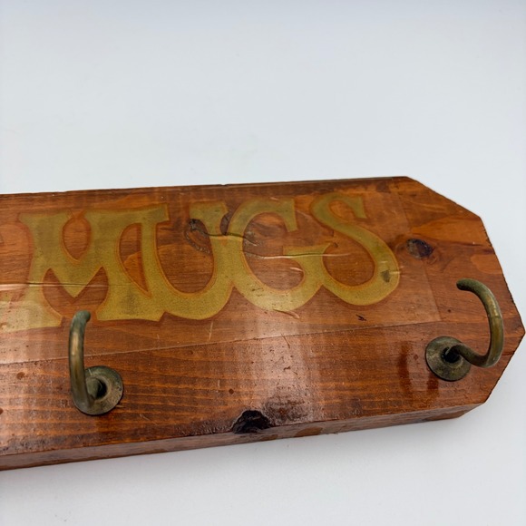 Wooden Coffee Mug Rack Wall Mount 5 Hooks Brass Tone Vintage Kitchen Decor - Picture 2 of 8